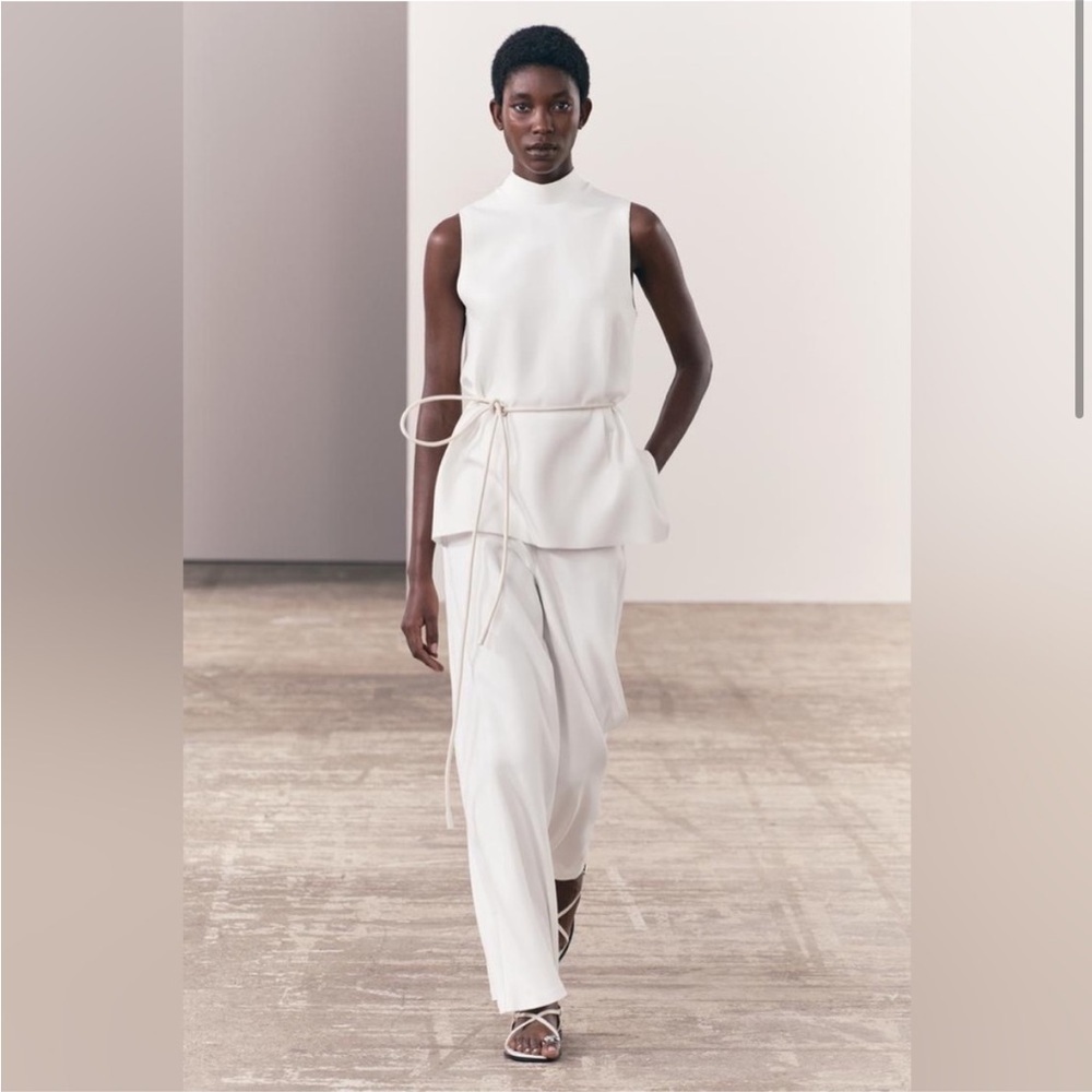 NWT Zara Trouser Pant Wide Leg High Rise Crisp White Cotton blend Size Small‌‌‌